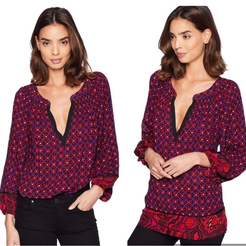 Trina Turk Chavez Floral Split Neck Peasant Blouse